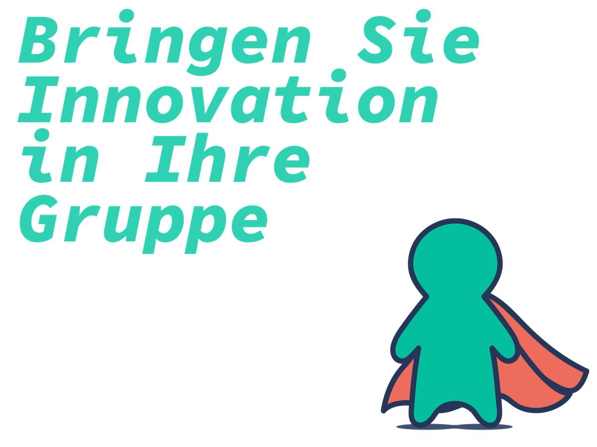 Claim "Bringen Sie Innovation in Ihre Gruppe" mit dem InnoSuper KeyVisual Superhelden.